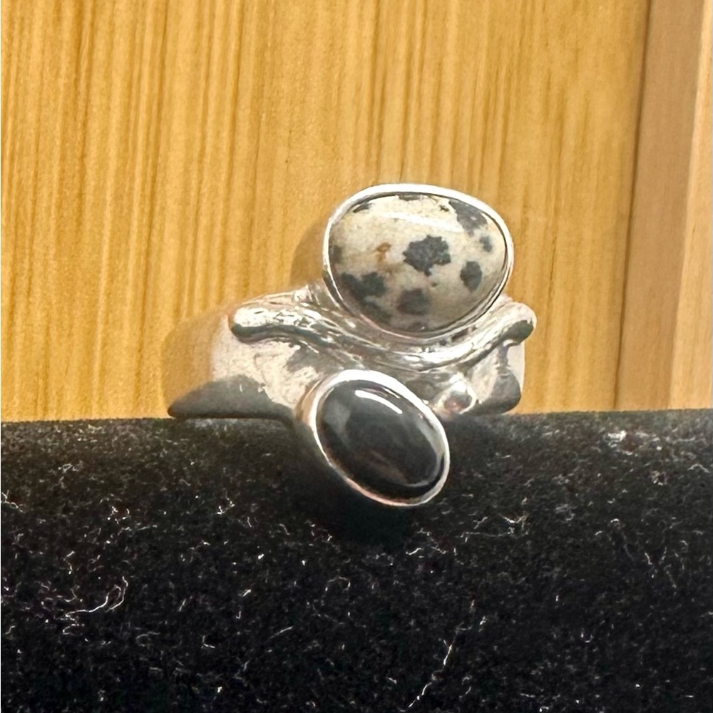 WHITNEY KELLY Sterling Silver Dalmatian Jasper & Onyx Ring; Size 7